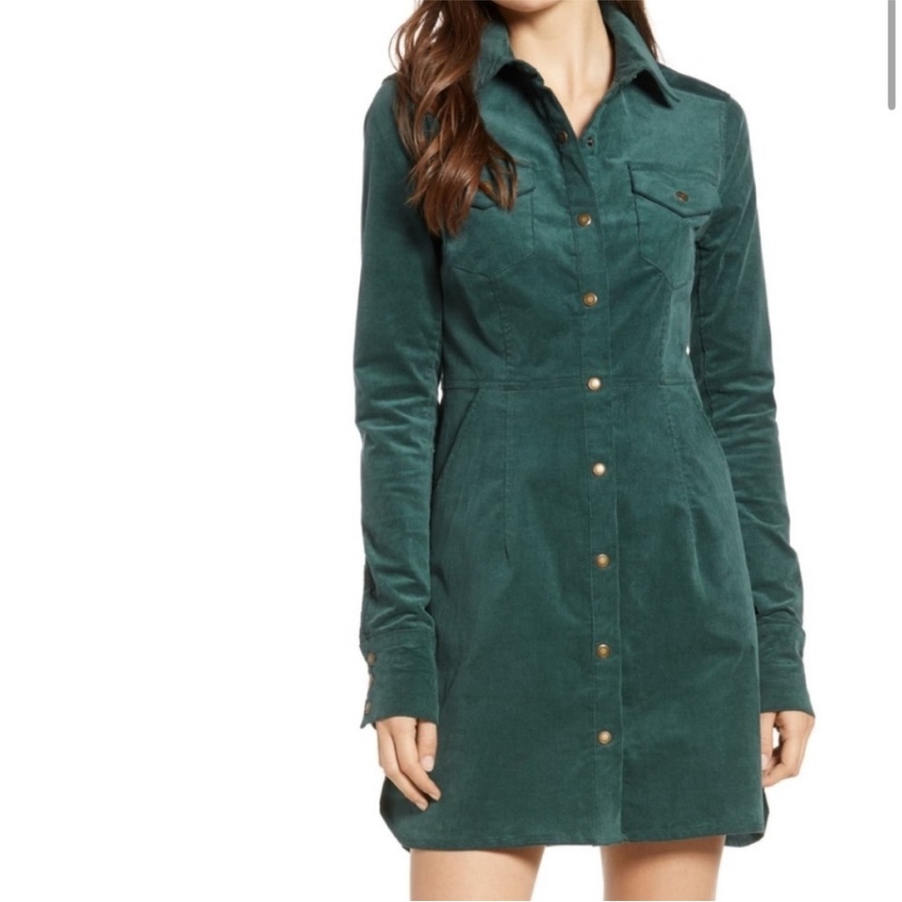 Free People Corduroy Green Button-Front Mini Dress
